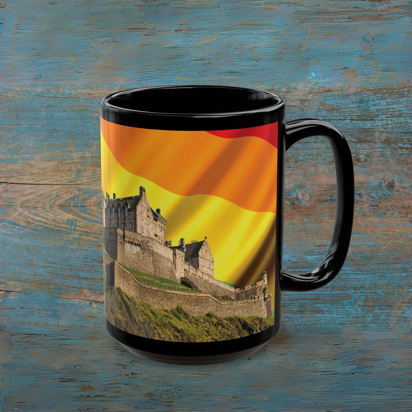 Edinburgh Castle Pride Flag Sky Photo Mug, Black