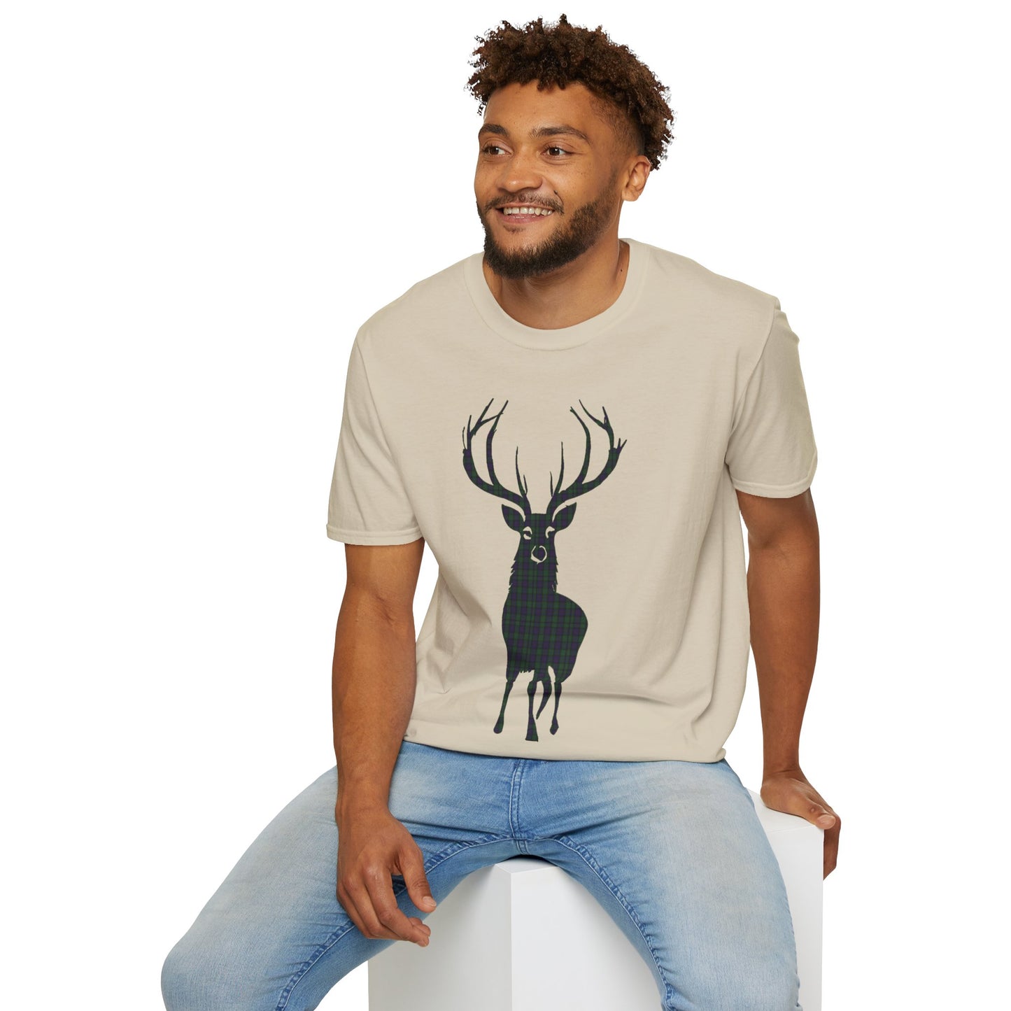 Tartan Stag Softstyle T-Shirt - Argyle Tartan, Unisex Tee, Scottish Scenery, Various Colours