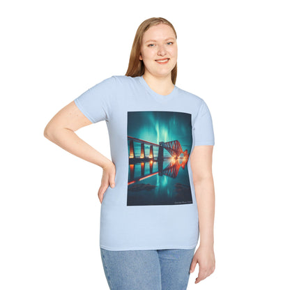 Forth Rail Bridge with Northern Lights Softstyle Unisex T-Shirt, Scotland Tee