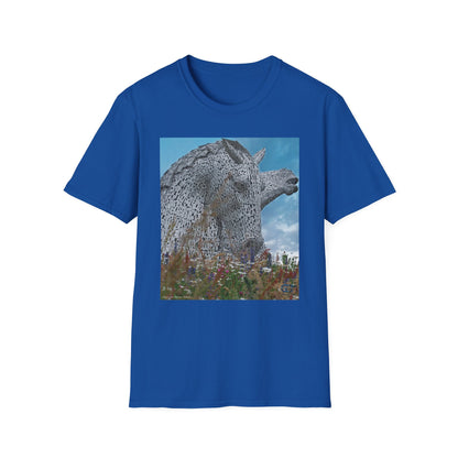 Scottish Kelpies with Meadow Photo Softstyle Unisex T-Shirt, Scotland Tee