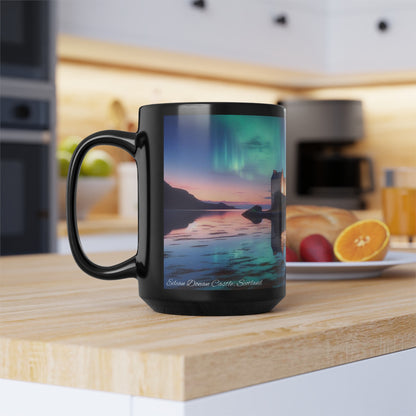 Eilean Donan Castle Northern Lights Mug, Coffee Cup, Tea Cup, Scottish Art, Scottish Landmarks, Scottish Nature, Black