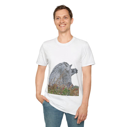 Kelpies with Meadow No Sky Photo Softstyle Unisex T-Shirt, Scottish Tee