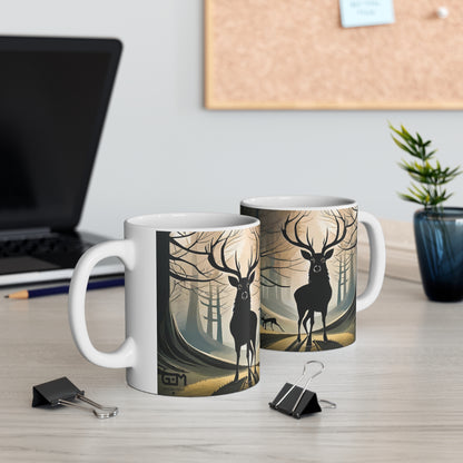 Stag Silhouette Woodland Scene Mug, Coffee Cup, Tea Cup, Scotland, White