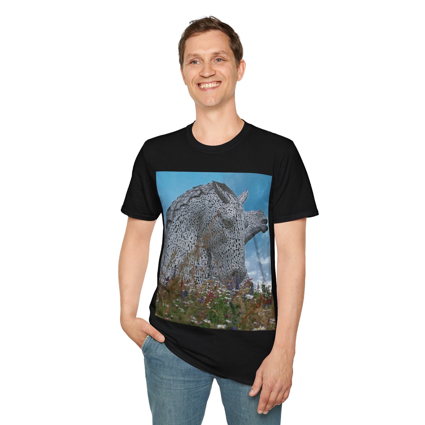 Kelpies with Meadow Photo Softstyle T-Shirt, Unisex Tee, Scottish Landmarks, Various Colours