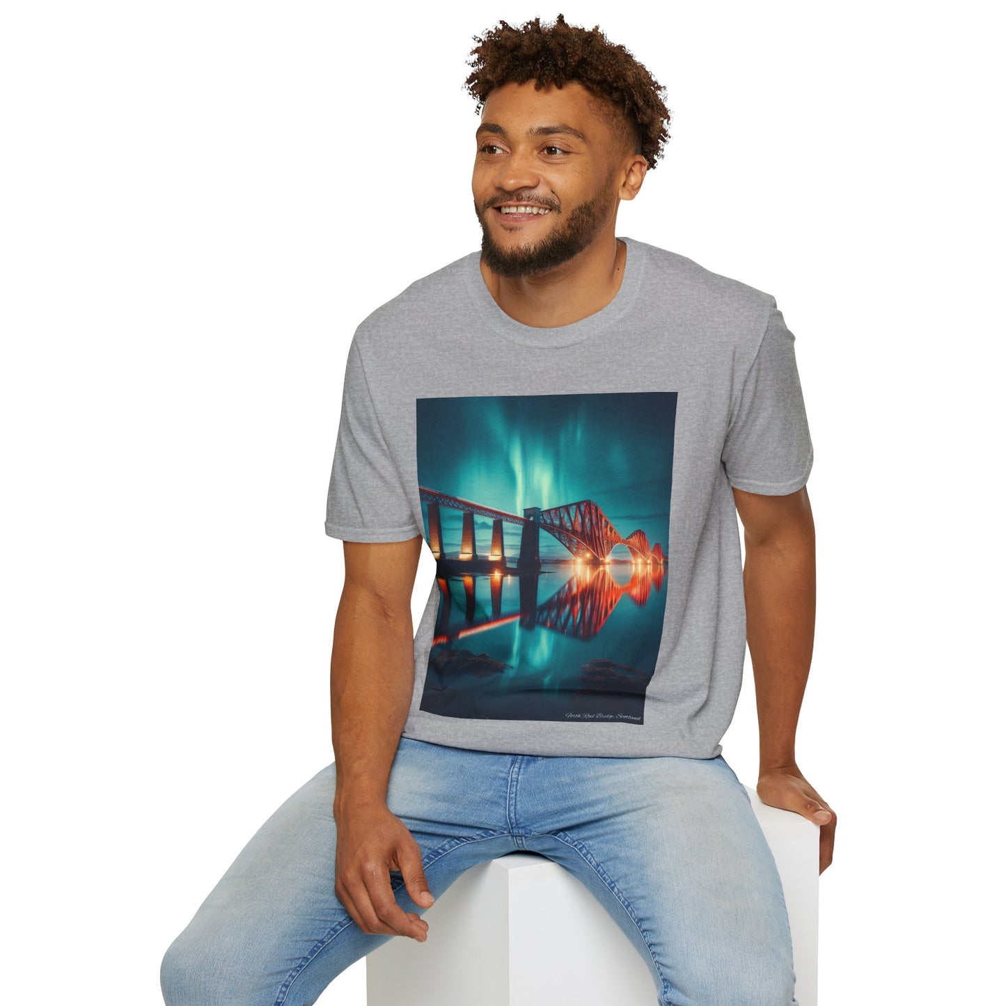 Forth Rail Bridge with Northern Lights Softstyle Unisex T-Shirt, Scotland Tee