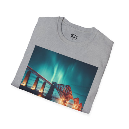 Forth Rail Bridge with Northern Lights Softstyle Unisex T-Shirt, Scotland Tee