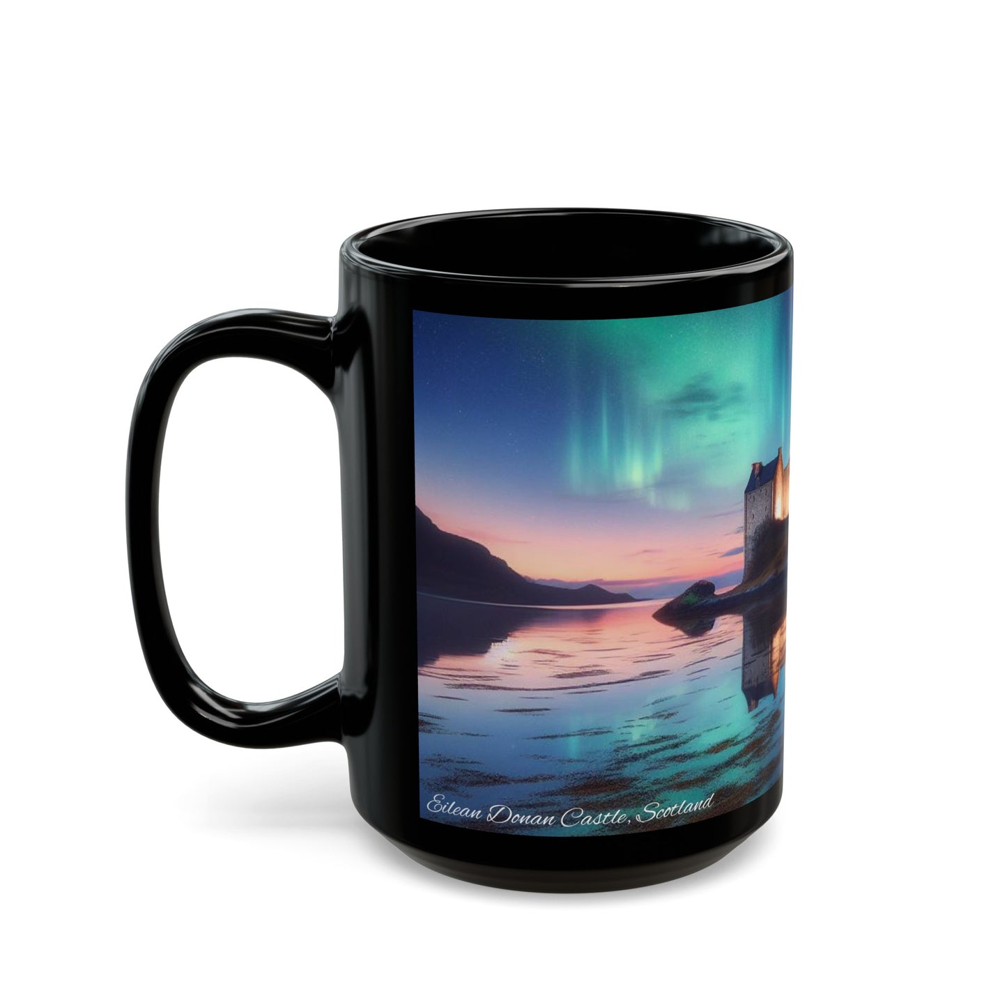 Eilean Donan Castle Northern Lights Mug, Coffee Cup, Tea Cup, Scottish Art, Scottish Landmarks, Scottish Nature, Black