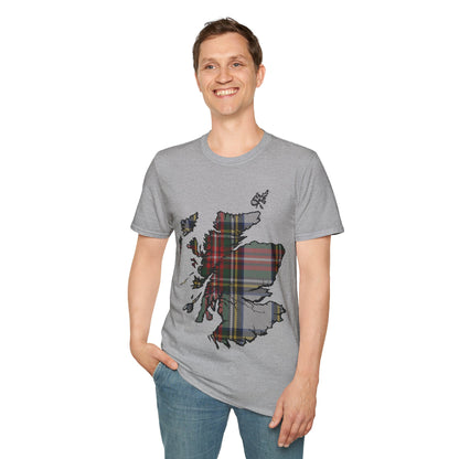 Scotland Tartan Map Softstyle Unisex T-Shirt, Stewart Dress Tartan, Various Colours