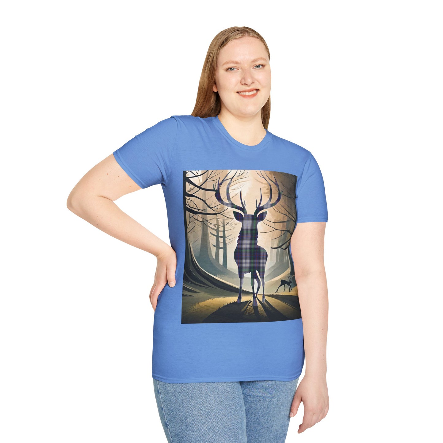 Stag Tartan Silhouette Softstyle T-Shirt - Argyle Dress Tartan, Unisex Tee, Scottish Scenery, Various Colours