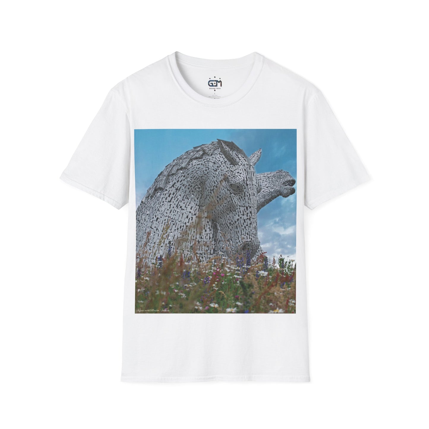 Kelpies with Meadow Photo Softstyle T-Shirt, Unisex Tee, Scottish Landmarks, Various Colours