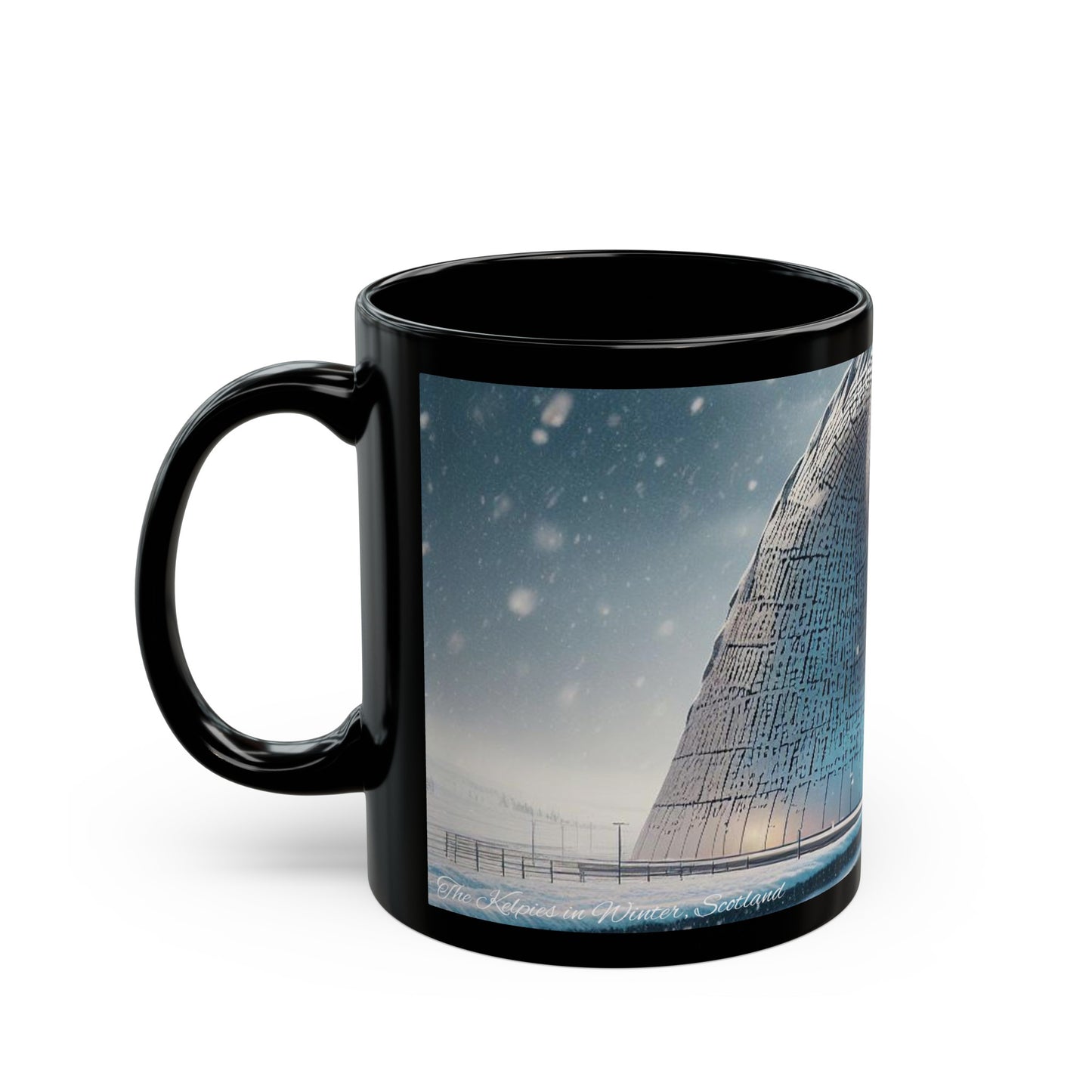 Kelpies in Winter Mug, Coffee Cup, Tea Cup, Scottish Art, Scottish Landmarks, Scottish Nature, Black