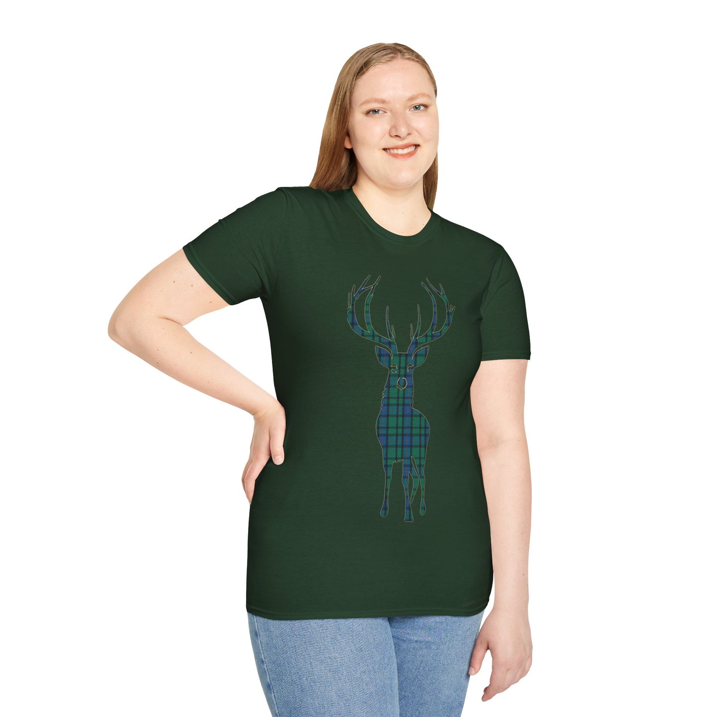 Tartan Stag Softstyle T-Shirt - Flower of Scotland Tartan, Unisex Tee, Scottish Scenery, Various Colours