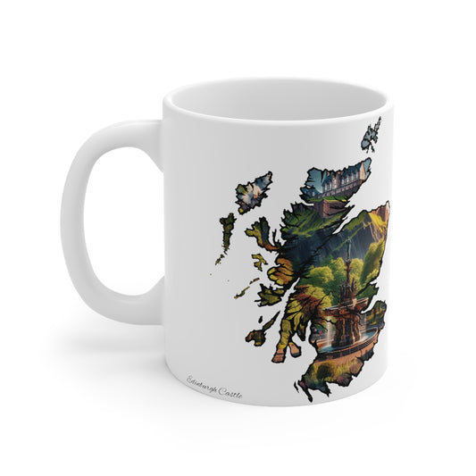 Edinburgh Castle with Fountain Scotland Map Mug, Coffee Cup, Tea Cup, Scottish Art, Scottish Landmark, Scenery, Nature, White