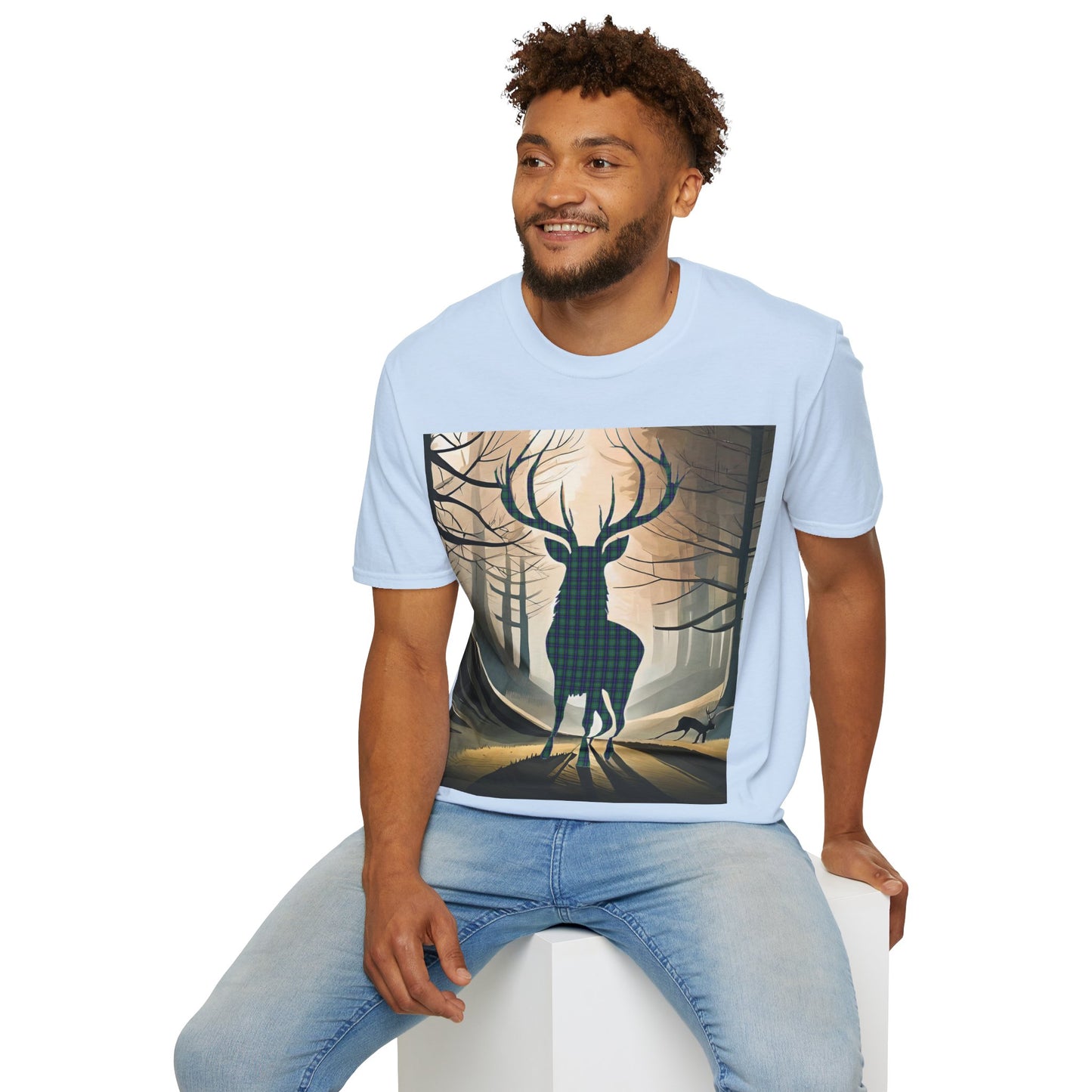 Stag Tartan Silhouette Softstyle T-Shirt - Douglas Tartan, Unisex Tee, Scottish Scenery, Various Colours