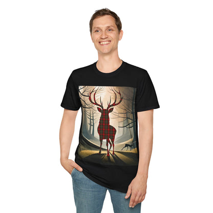 Stag Tartan Silhouette Softstyle T-Shirt - MacGregor Tartan, Unisex Tee, Scottish Scenery, Various Colours