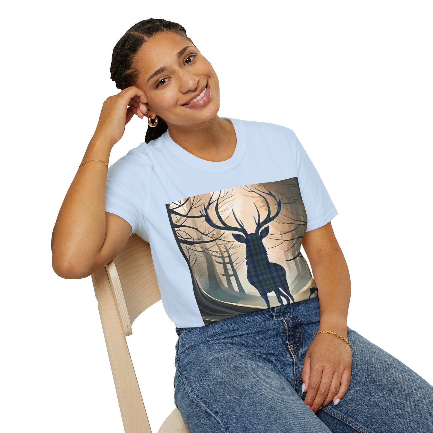 Stag Tartan Silhouette Softstyle T-Shirt - Miller Tartan, Unisex Tee, Scottish Scenery, Various Colours