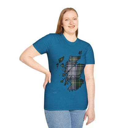 Scotland Tartan Map Softstyle Unisex T-Shirt, Gordon Dress Tartan, Various Colours