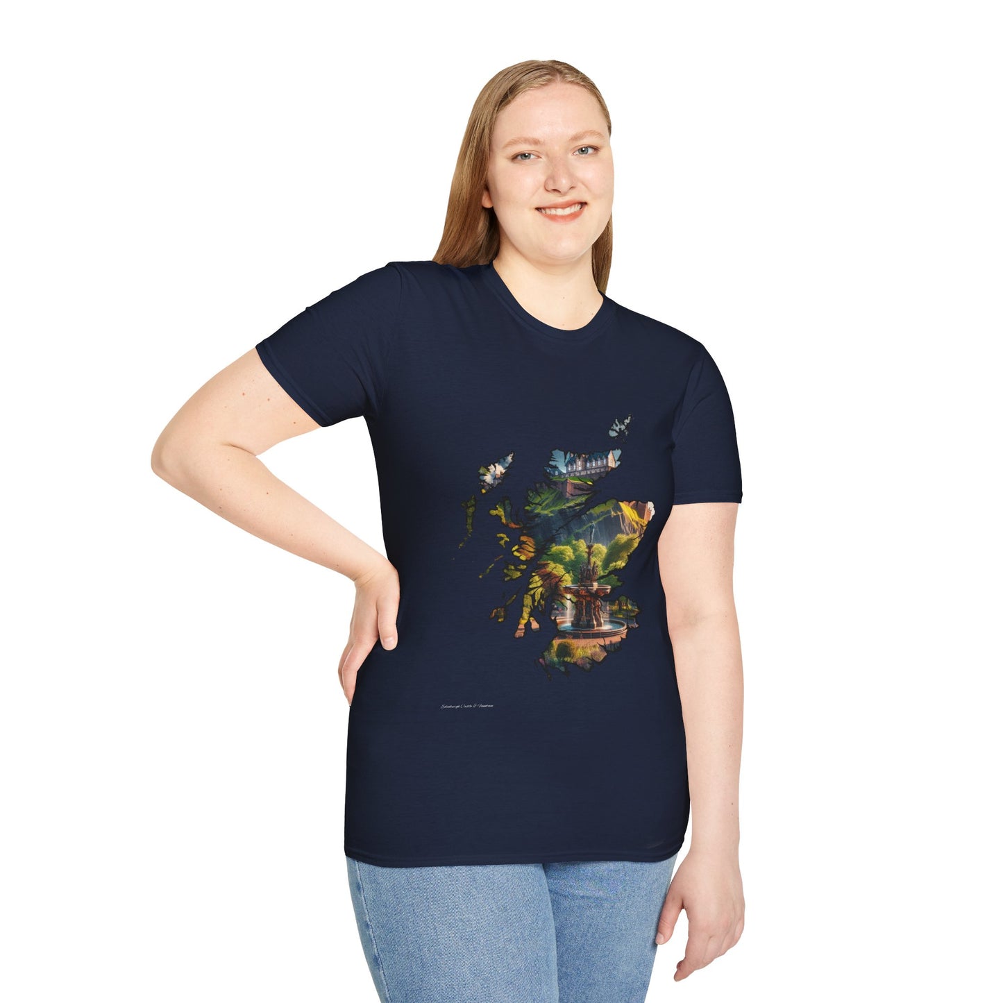 Edinburgh Castle with Fountain Scotland Map Softstyle Unisex T-Shirt, Scotland Shirt, Scottish Landmark Tee