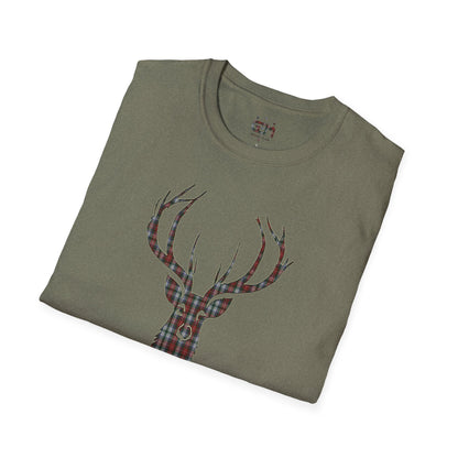 Tartan Stag Softstyle T-Shirt - Stewart Tartan, Unisex Tee, Scottish Scenery, Various Colours