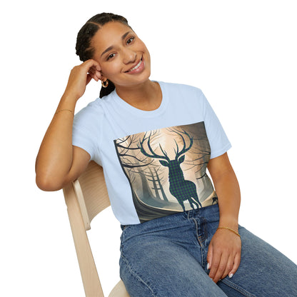 Stag Tartan Silhouette Softstyle T-Shirt - Douglas Tartan, Unisex Tee, Scottish Scenery, Various Colours