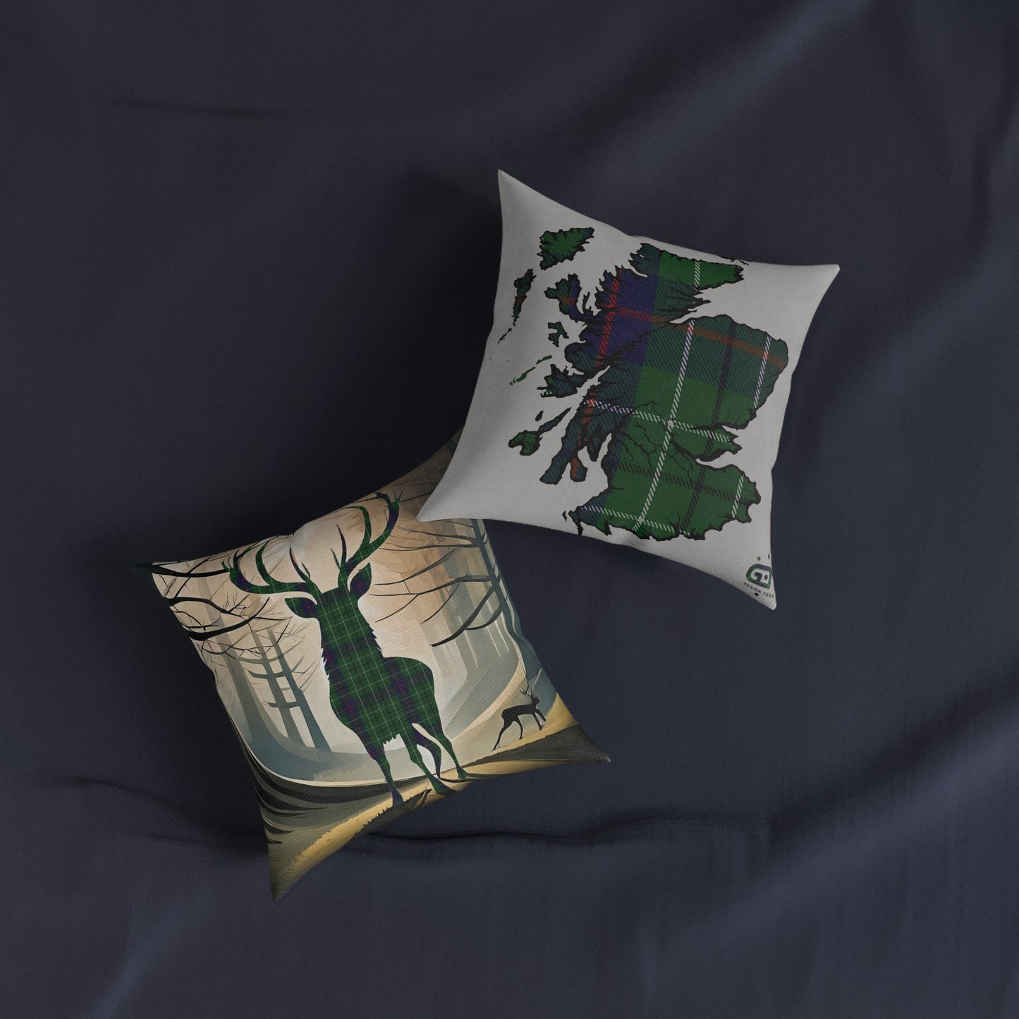 Reversible Square Cushion : Stag / Scotland Map - Duncan Tartan, Various Sizes