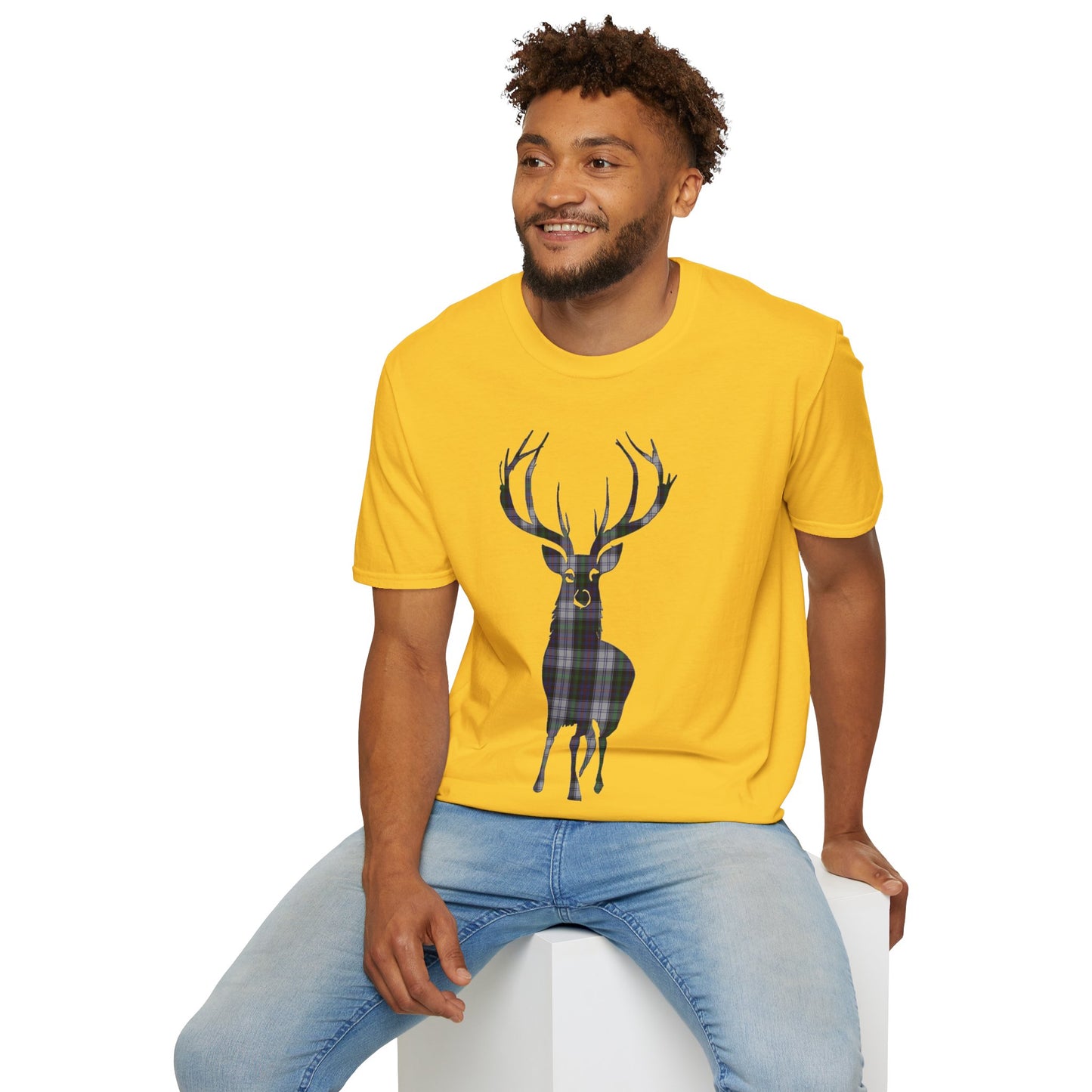 Tartan Stag Softstyle T-Shirt - Argyle Dress Tartan, Unisex Tee, Scottish Scenery, Various Colours