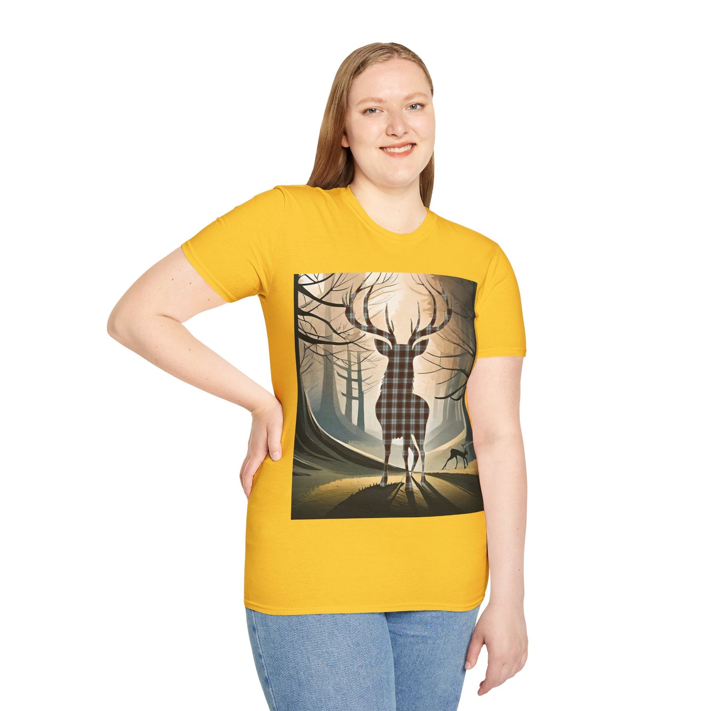 Stag Tartan Silhouette Softstyle T-Shirt - Fraser Tartan, Unisex Tee, Scottish Scenery, Various Colours