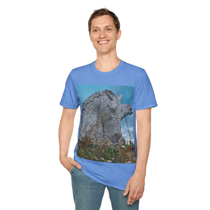 Kelpies with Meadow Photo Softstyle T-Shirt, Unisex Tee, Scottish Landmarks, Various Colours