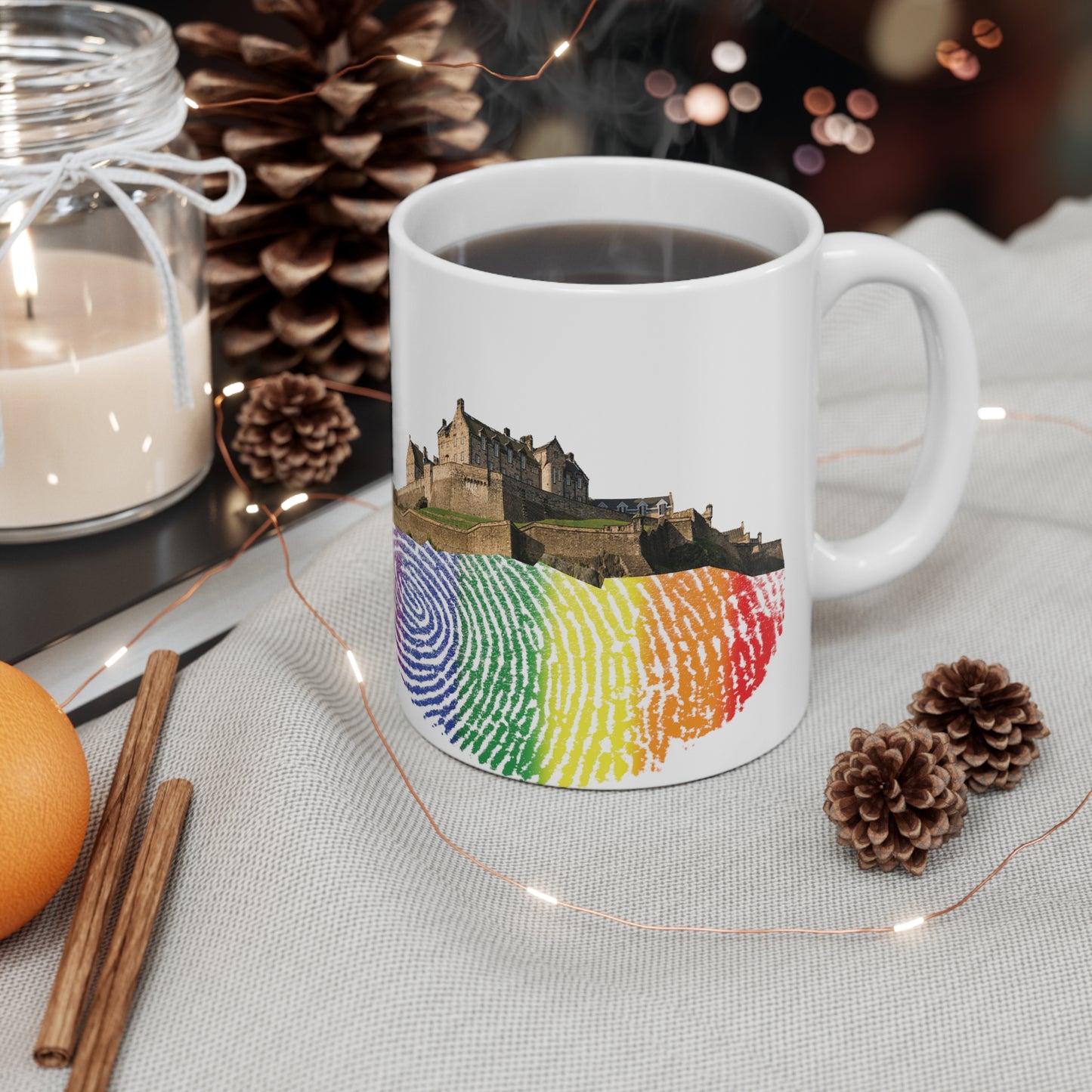 Pride Fingerprint Rock Edinburgh Castle Photo Mug, White