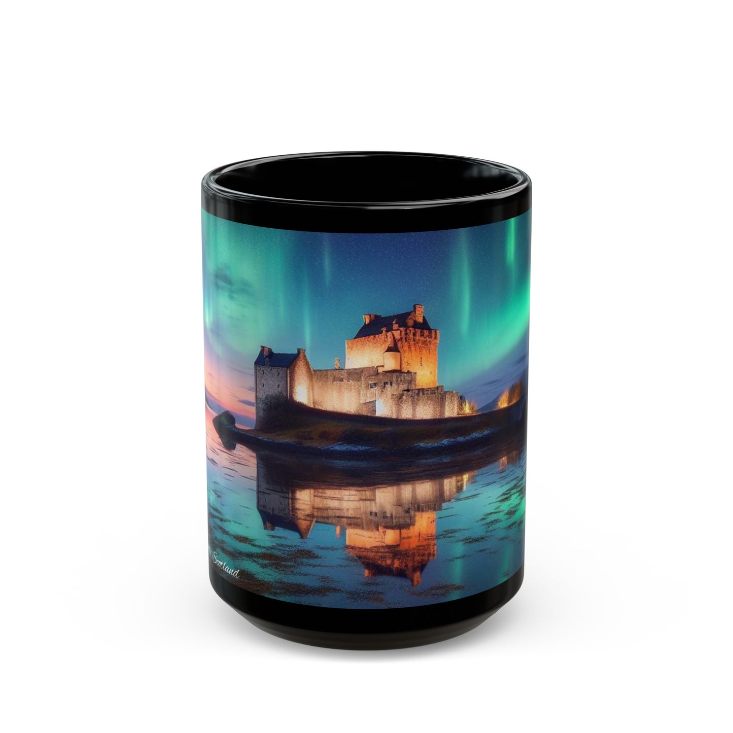 Eilean Donan Castle Northern Lights Mug, Coffee Cup, Tea Cup, Scottish Art, Scottish Landmarks, Scottish Nature, Black