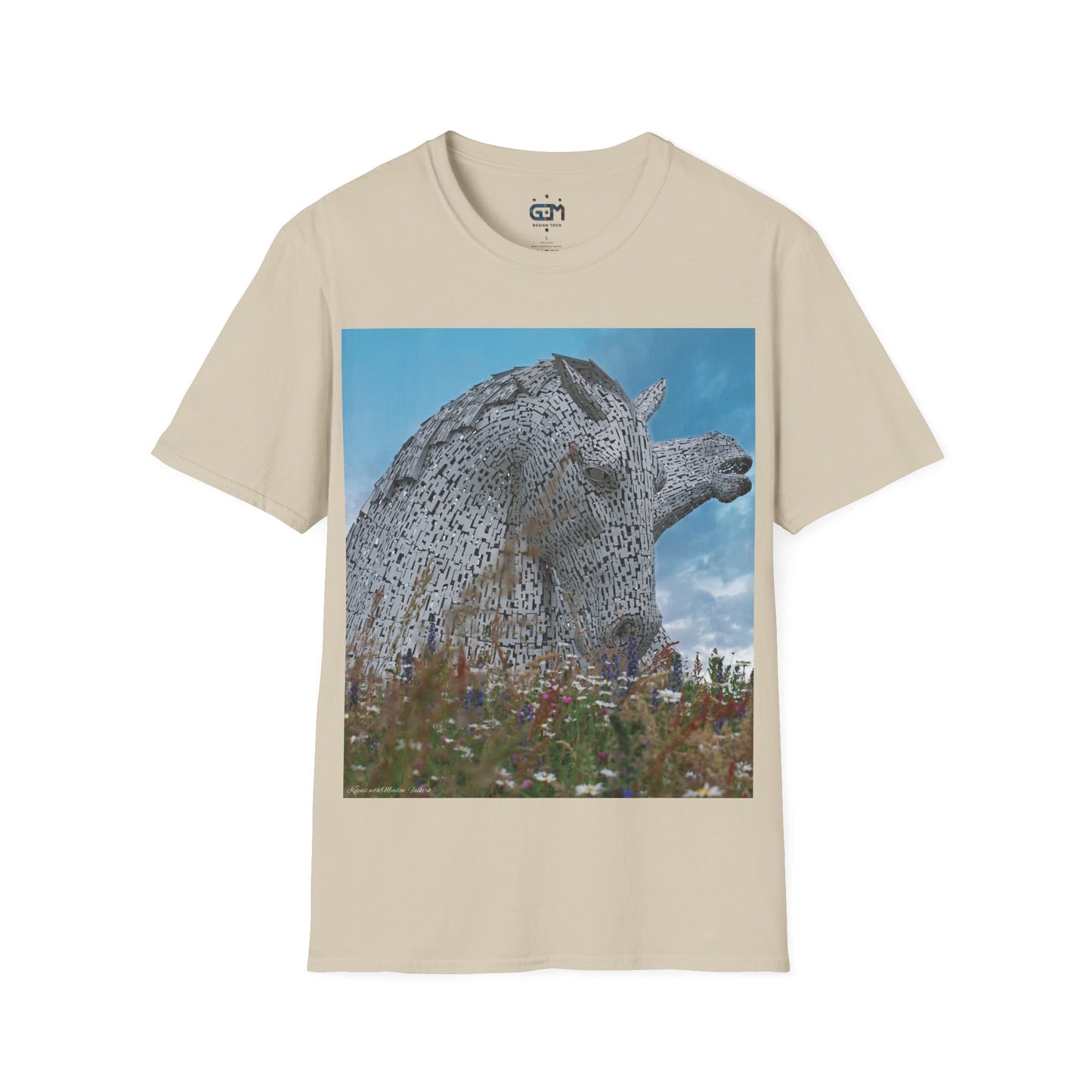 Kelpies with Meadow Photo Softstyle T-Shirt, Unisex Tee, Scottish Landmarks, Various Colours