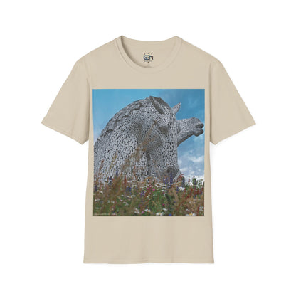 Kelpies with Meadow Photo Softstyle T-Shirt, Unisex Tee, Scottish Landmarks, Various Colours