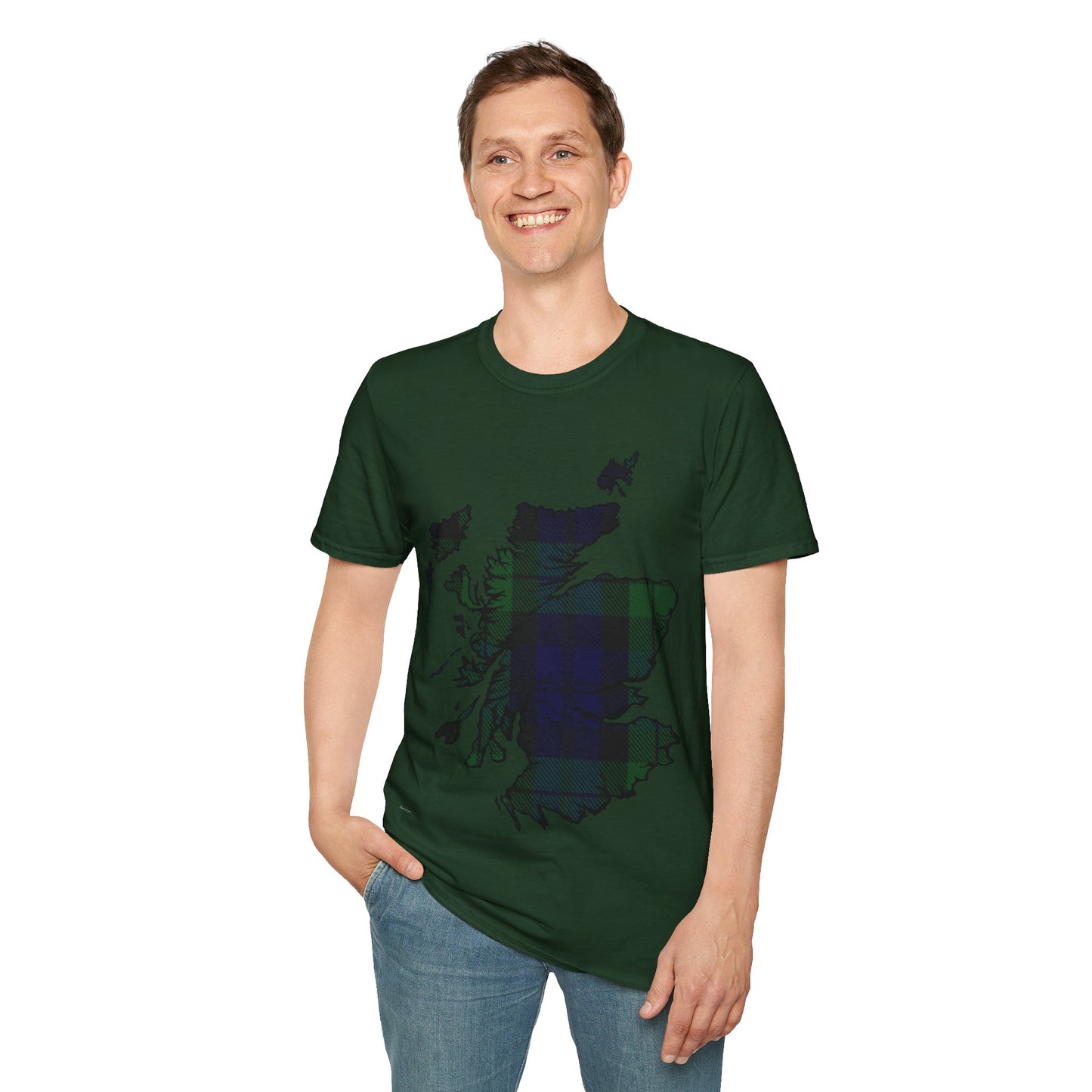 Scotland Tartan Map Softstyle Unisex T-Shirt, Black Watch Tartan, Various Colours