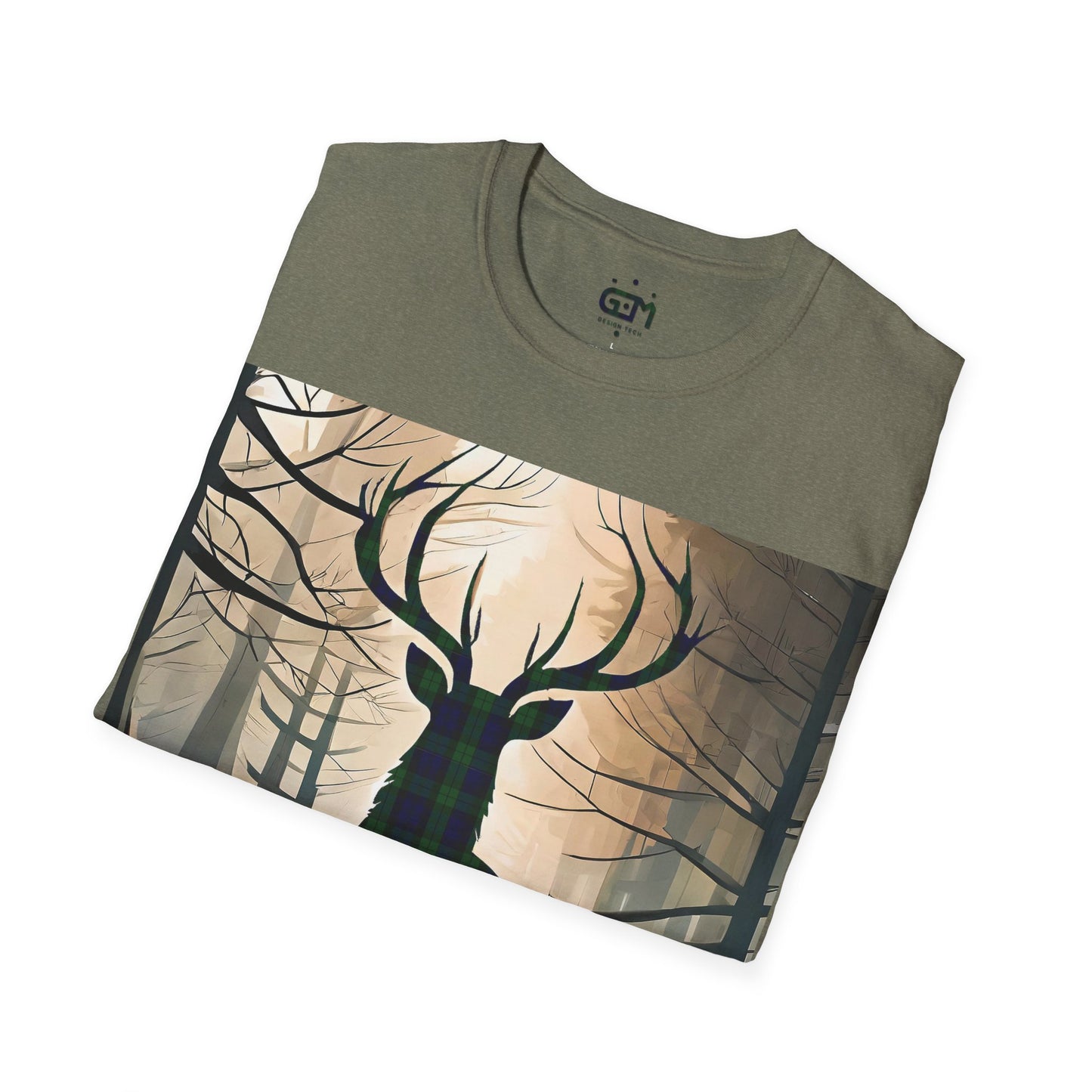 Stag Tartan Silhouette Softstyle T-Shirt - Black Watch Tartan, Unisex Tee, Scottish Scenery, Various Colours