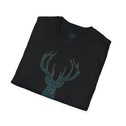 Tartan Stag Softstyle T-Shirt - Douglas Tartan, Unisex Tee, Scottish Scenery, Various Colours