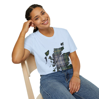 Scotland Tartan Map Softstyle Unisex T-Shirt, Gordon Dress Tartan, Various Colours