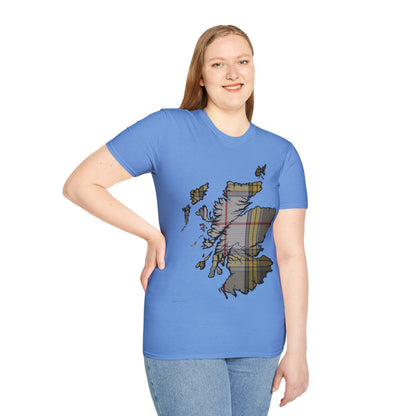 Scotland Tartan Map Softstyle Unisex T-Shirt, Buchanan Dress Tartan, Various Colours