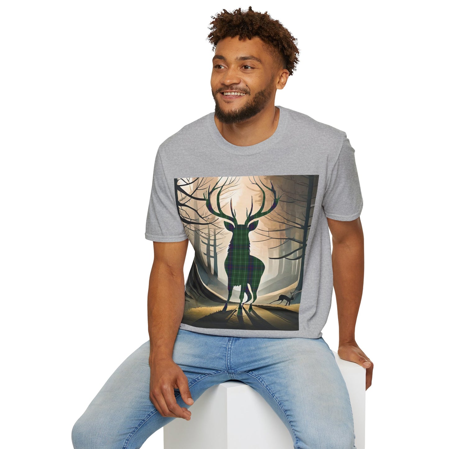 Stag Tartan Silhouette Softstyle T-Shirt - Duncan Tartan, Unisex Tee, Scottish Scenery, Various Colours