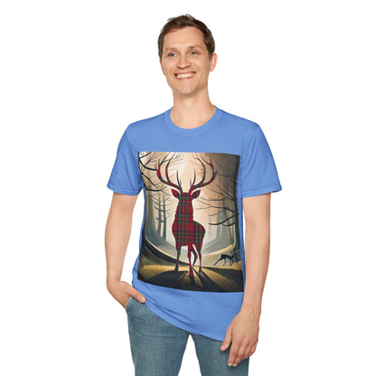 Stag Tartan Silhouette Softstyle T-Shirt - Stewart Royal Tartan, Unisex Tee, Scottish Scenery, Various Colours