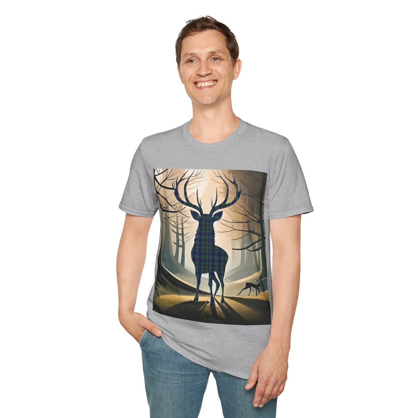 Stag Tartan Silhouette Softstyle T-Shirt - Miller Tartan, Unisex Tee, Scottish Scenery, Various Colours