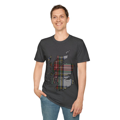 Scotland Tartan Map Softstyle Unisex T-Shirt, Stewart Dress Tartan, Various Colours