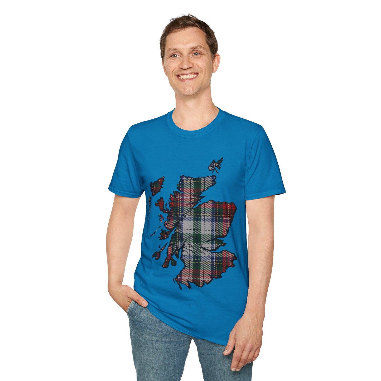 Scotland Tartan Map Softstyle Unisex T-Shirt, Stewart Tartan, Various Colours