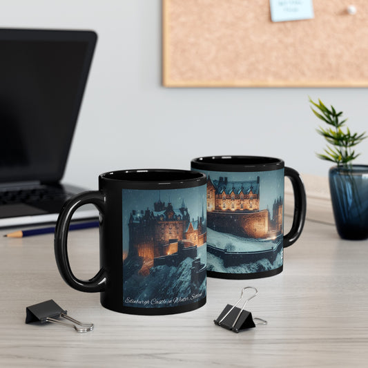 Edinburgh Castle in Winter Mug, Coffee Cup, Tea Cup, Scottish Art, Scottish Landmarks, Scottish Nature, Black