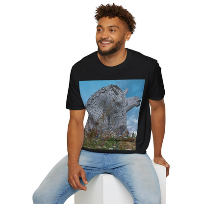 Kelpies with Meadow Photo Softstyle T-Shirt, Unisex Tee, Scottish Landmarks, Various Colours