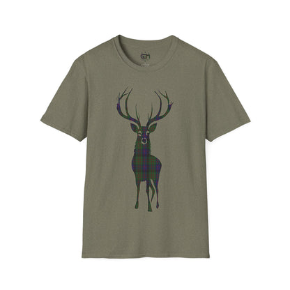 Tartan Stag Softstyle T-Shirt - MacDonald Tartan, Unisex Tee, Scottish Scenery, Various Colours