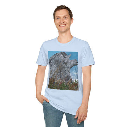 Scottish Kelpies with Meadow Photo Softstyle Unisex T-Shirt, Scotland Tee