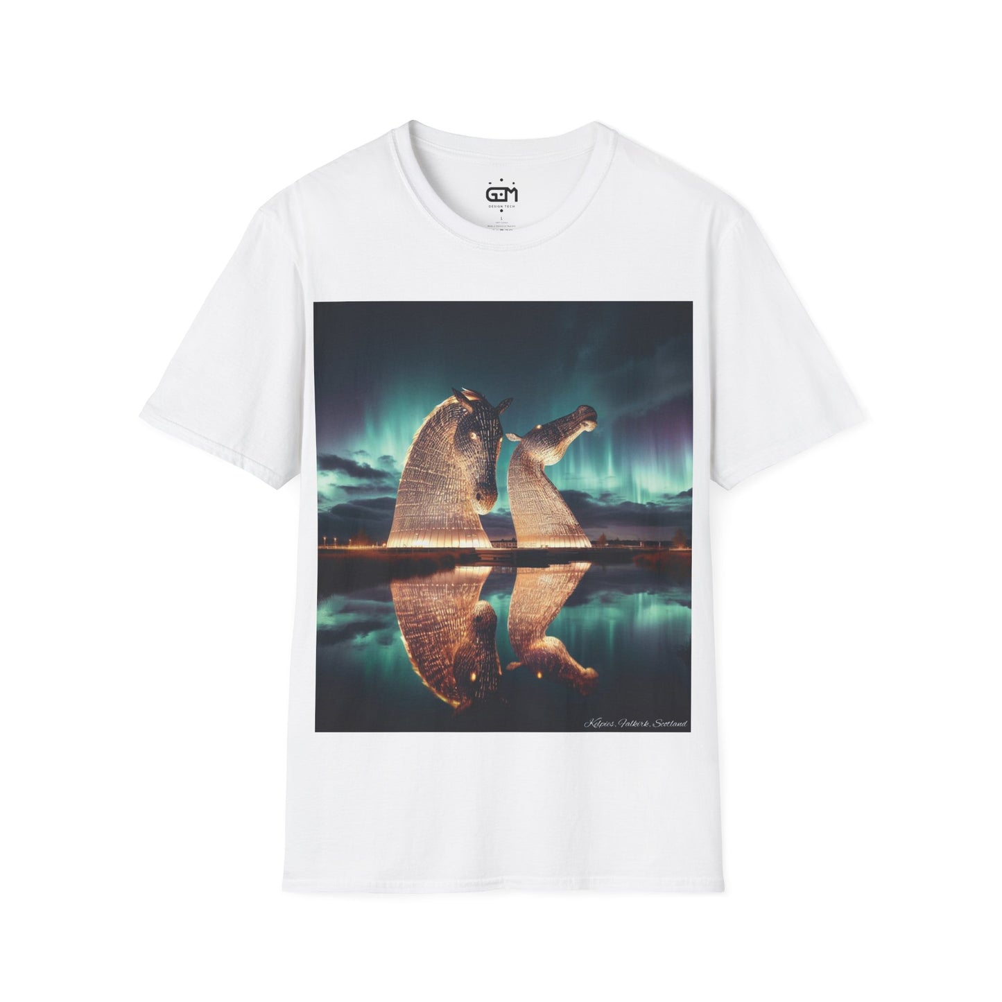 Kelpies with Northern Lights Softstyle T-Shirt, Unisex Tee, Scotland Shirt, Scottish Landmark, Nature, Scenery, Various Colours