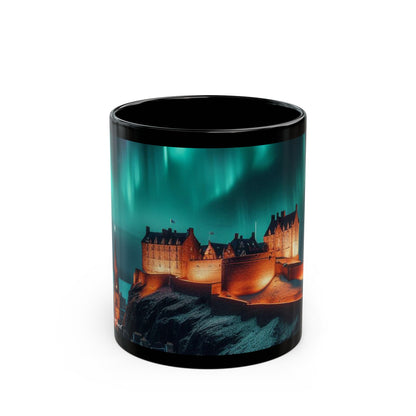 Edinburgh Castle Northern Lights Mug, Coffee Cup, Tea Cup, Scottish Art, Scottish Landmarks, Scottish Nature, Black