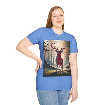 Stag Tartan Silhouette Softstyle T-Shirt - MacFarlane Tartan, Unisex Tee, Scottish Scenery, Various Colours