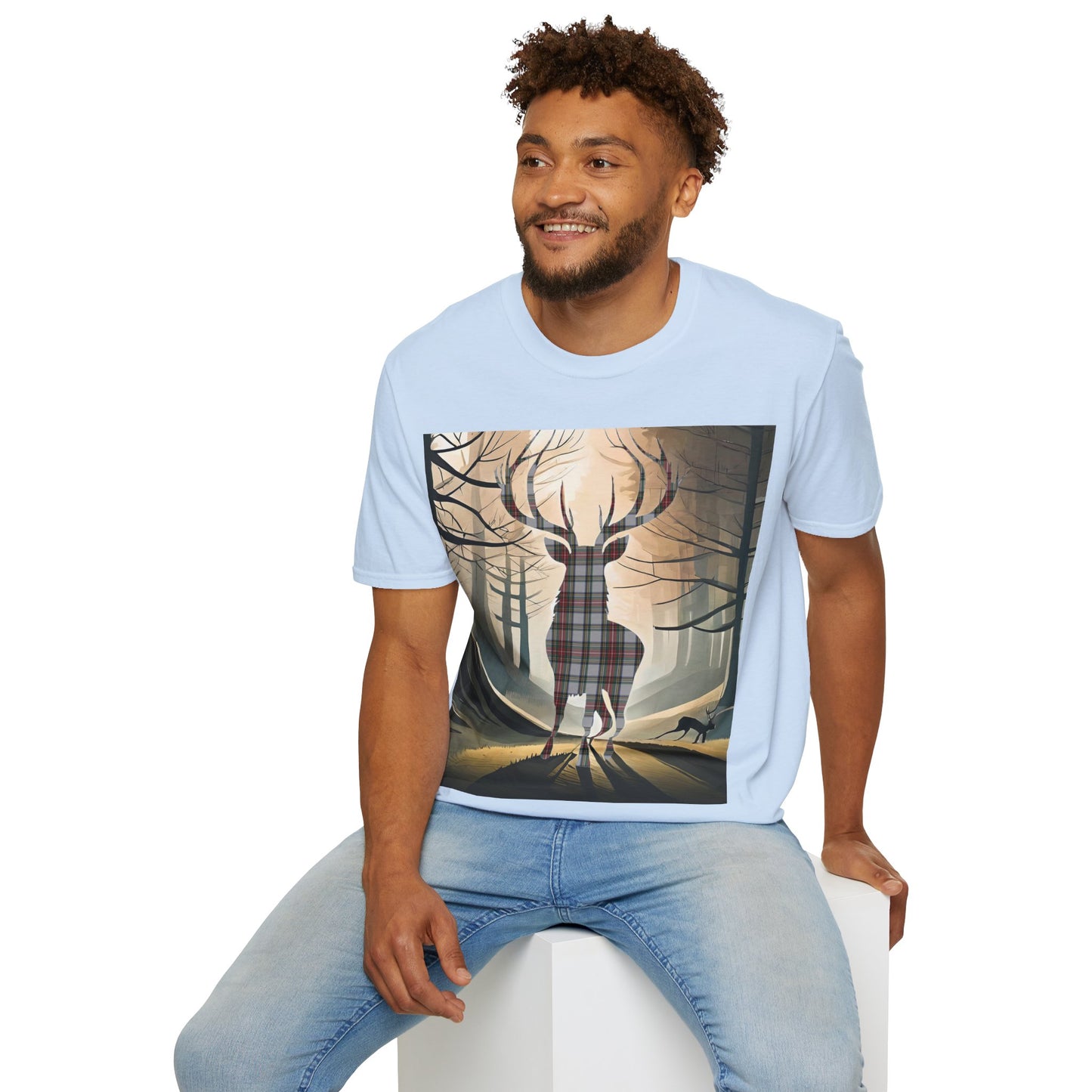 Stag Tartan Silhouette Softstyle T-Shirt - Stewart Dress Tartan, Unisex Tee, Scottish Scenery, Various Colours